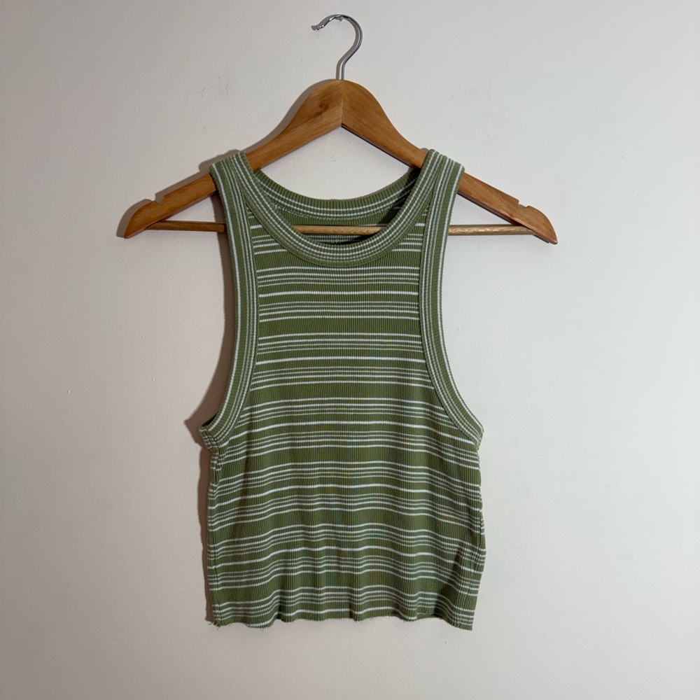Aerie Green and White Striped Racerback Stretchy Tank 100% Cotton Size Small
